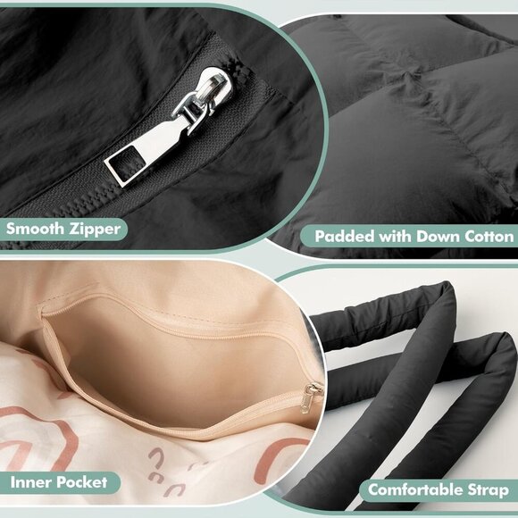 Puffer Tote Bag Women Nylon Quilted Foldable Lightweight Travel Purse - Picture 3 of 7